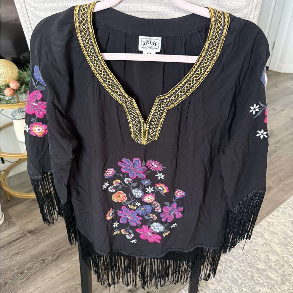 EUC Ariat Women's Black Fringed Tunic with Colorful Floral Embroidery, M